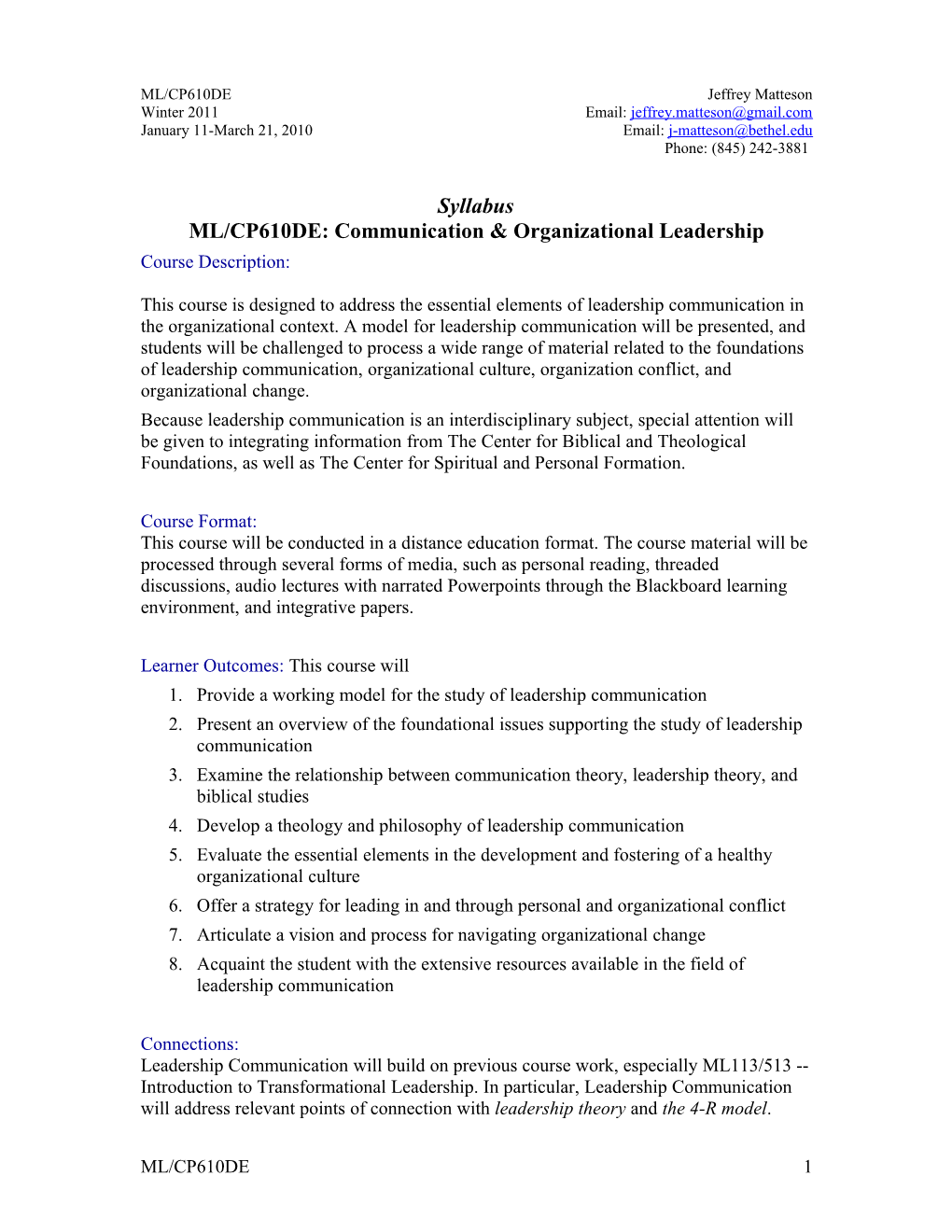 Syllabus - ML/CP610: Communication and Organizational Leadership