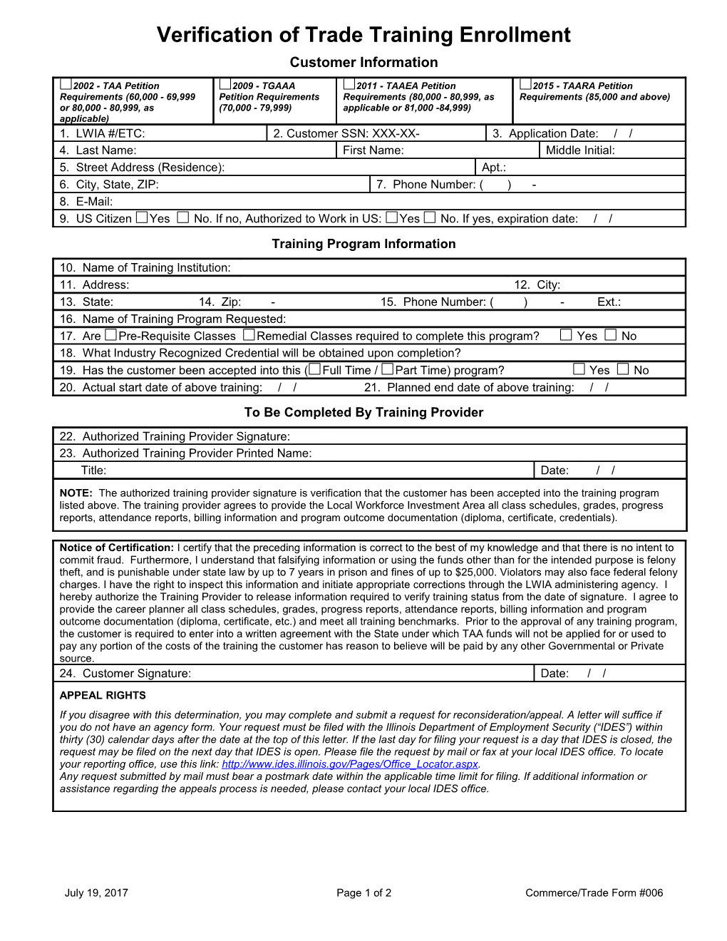 Form #006 Verification of TAAEA Training Enrollment (MS Word) 12-01-13