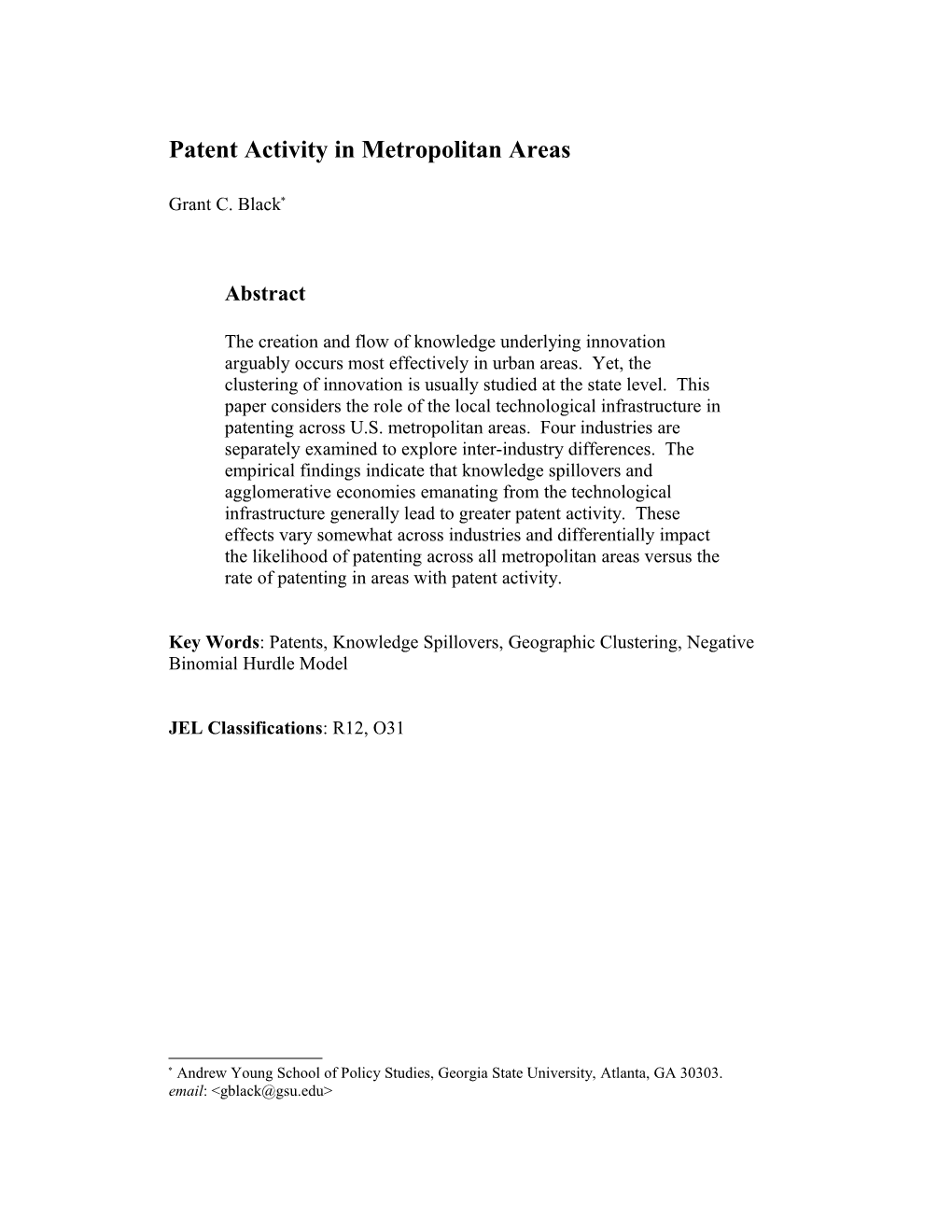 Patent Activity in Metropolitan Areas