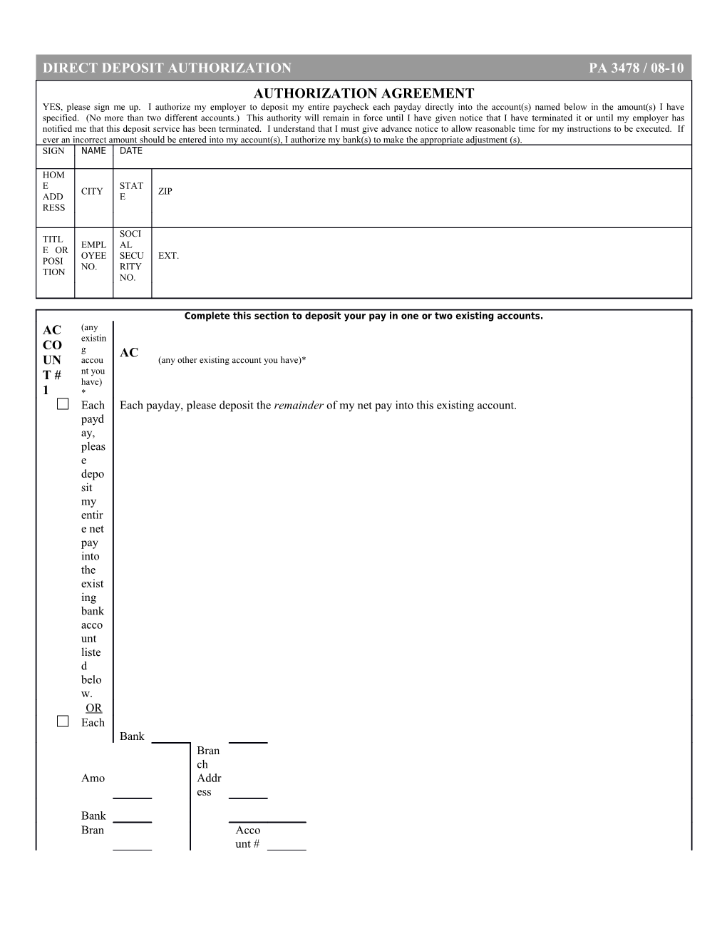 Direct Deposit Authorization: PA3478