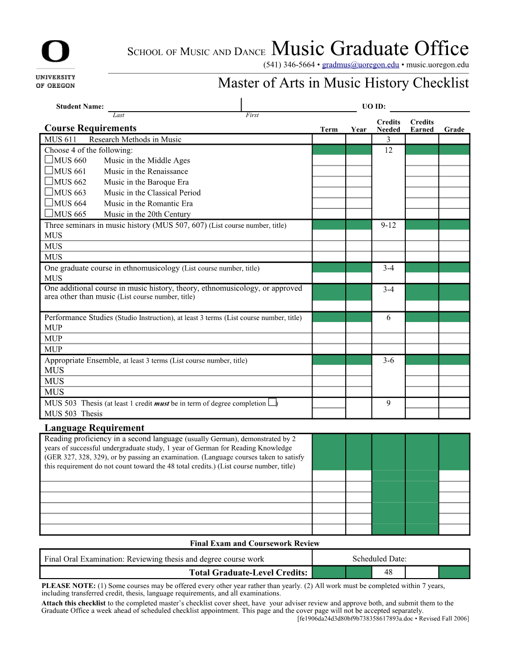 Master of Arts in Music History Checklist