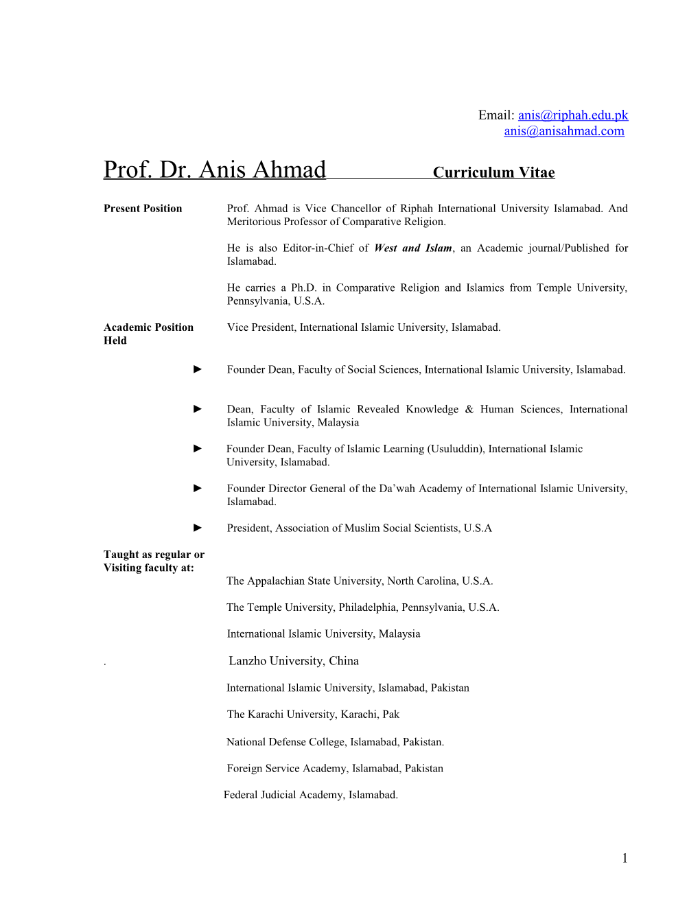 Prof. Dr. Anis Ahmad Curriculum Vitae