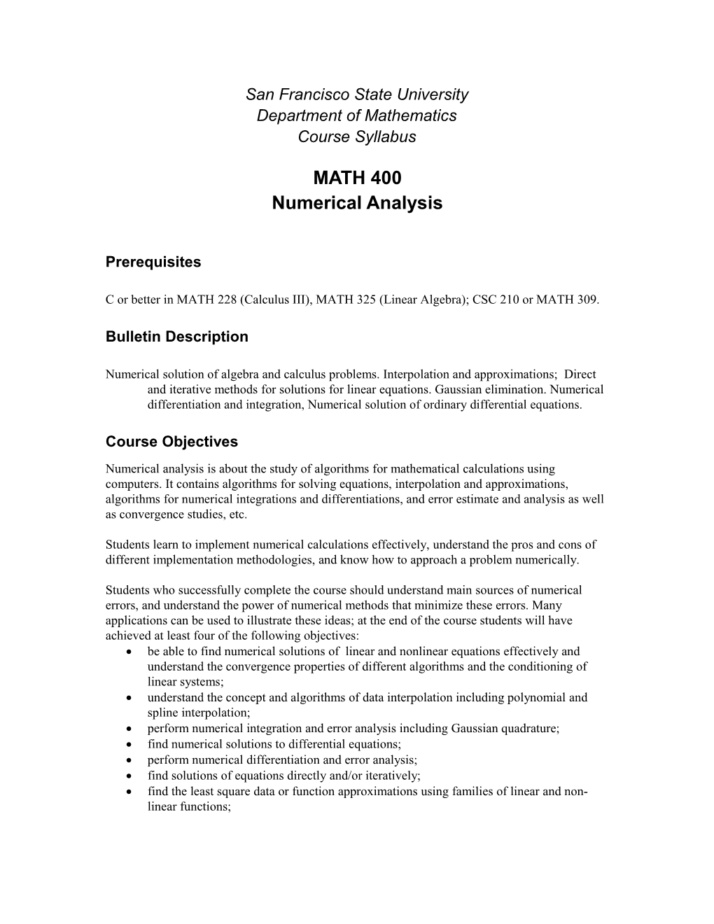 Please Use This Template for SFSU Math Department Course Descriptions