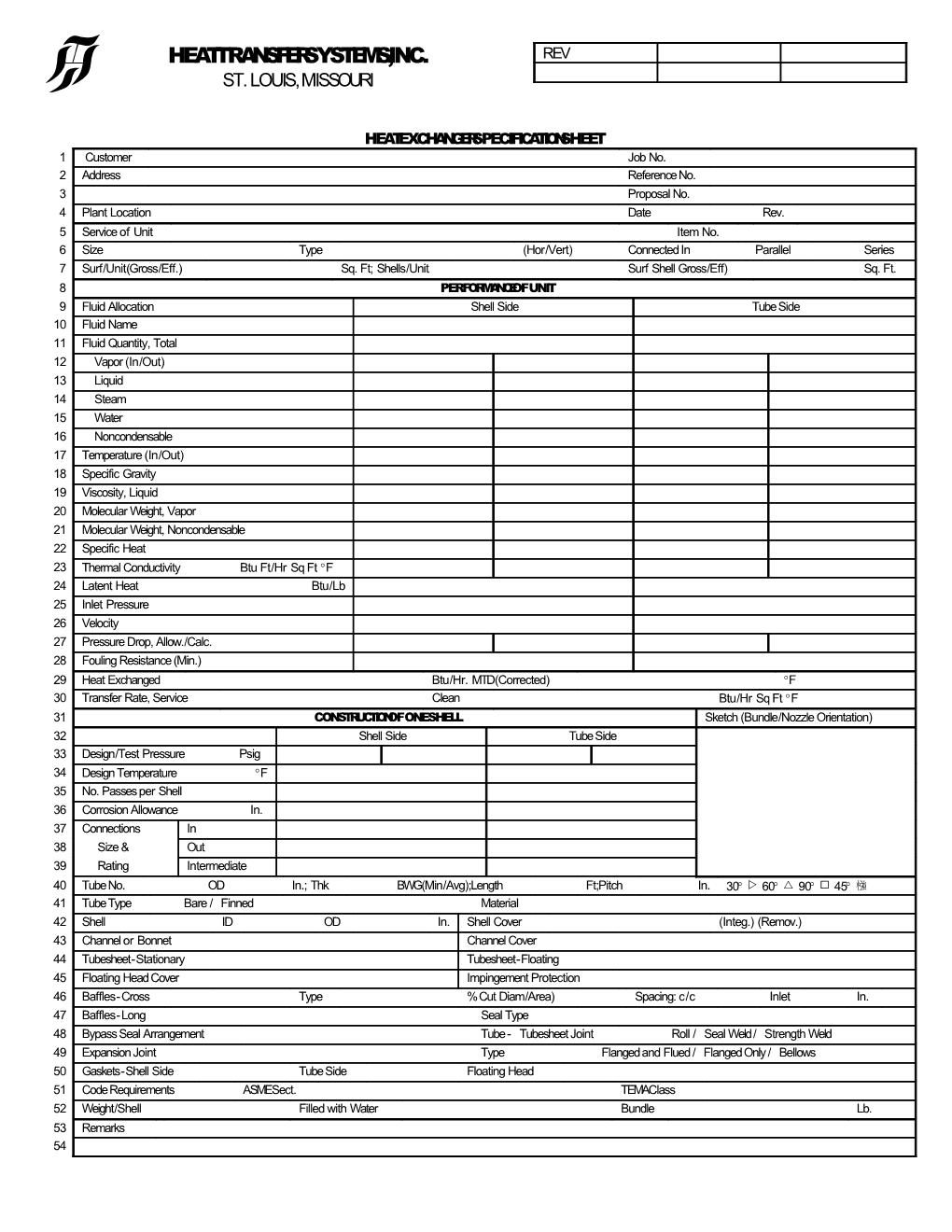 Heat Exchanger Specification Sheet