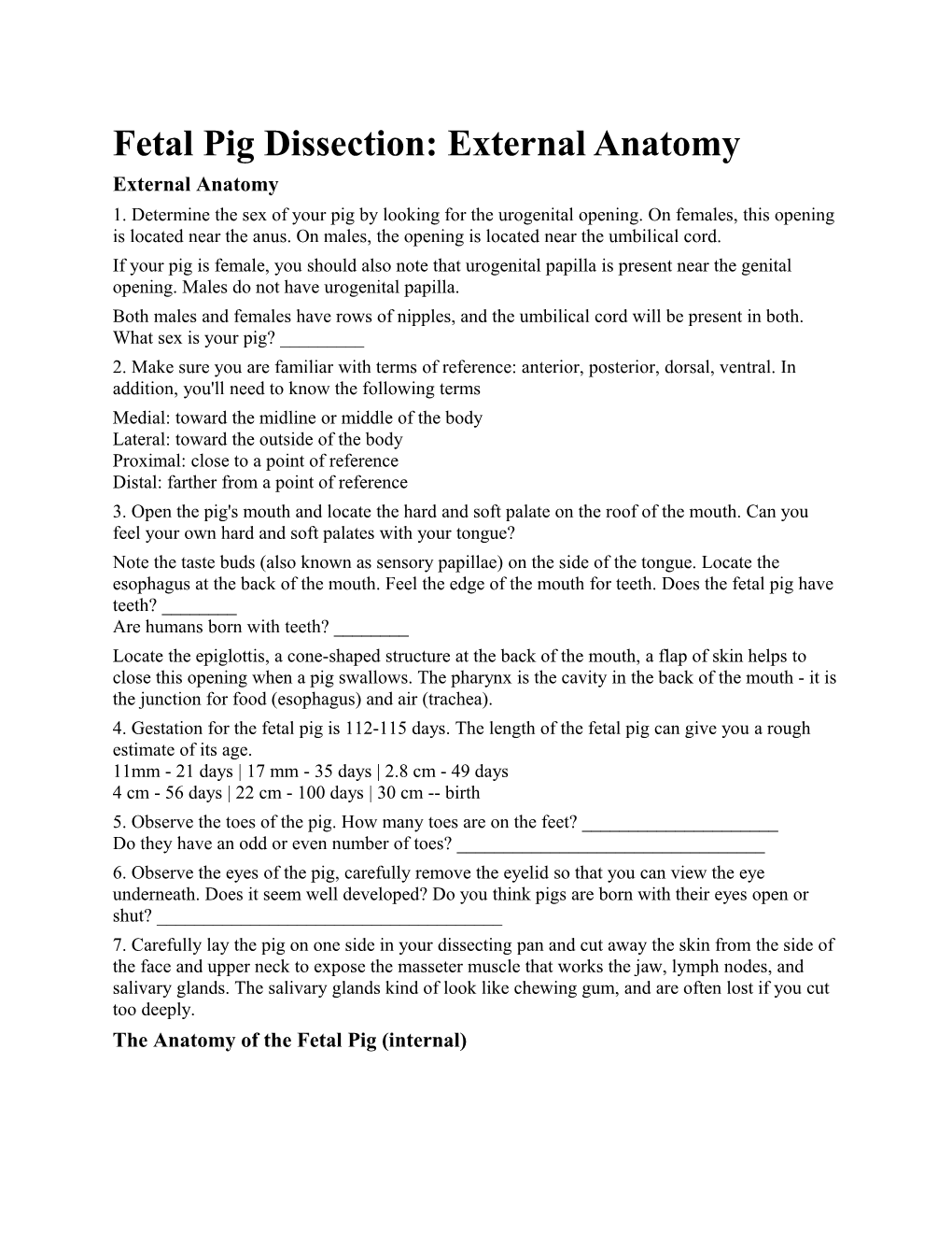 Fetal Pig Dissection: External Anatomy