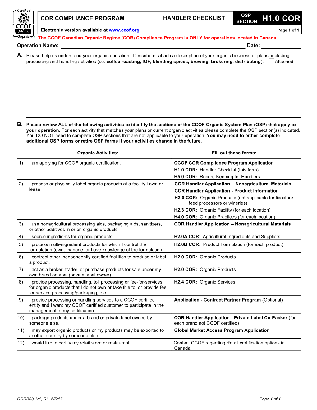 The CCOF Canadian Organic Regime (COR) Compliance Program Is ONLY for Operations Located