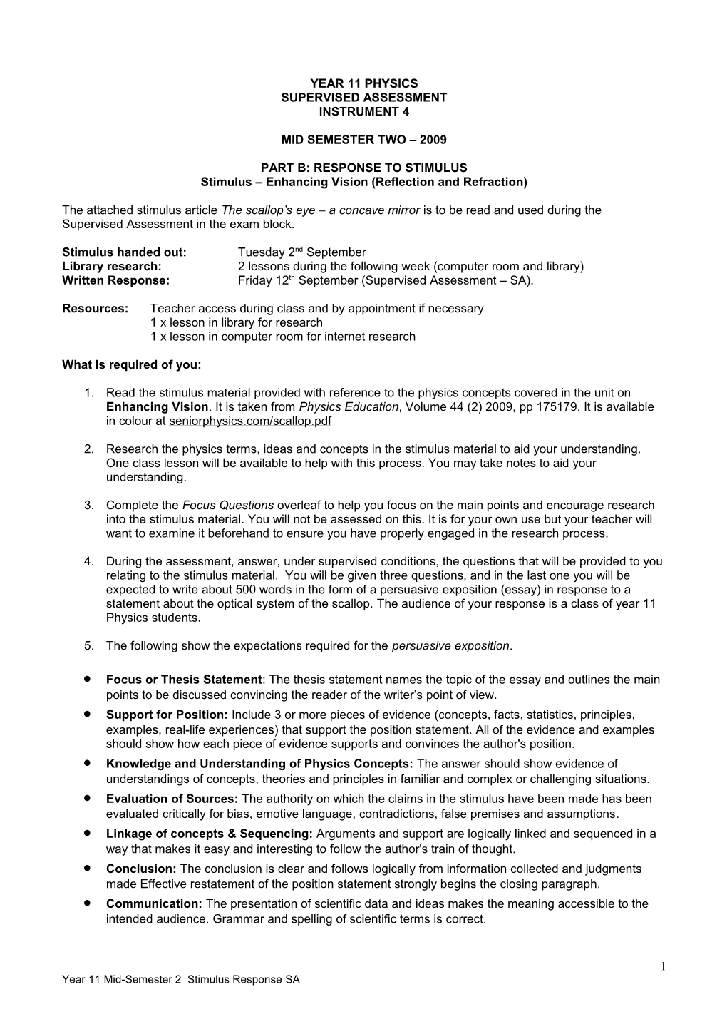 Year 12 Physics Extended Response Task