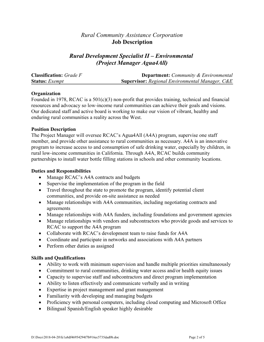 Re: Rural Development Specialist II Environmental (Agua4all Project Manager)