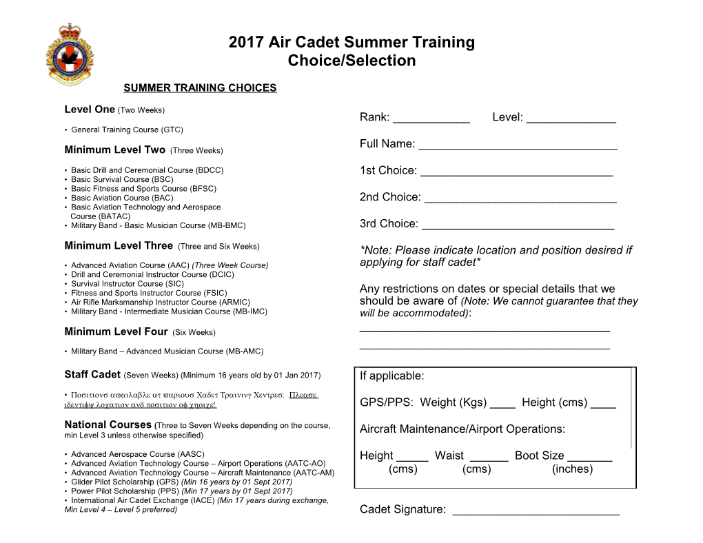 Summer Training Choices