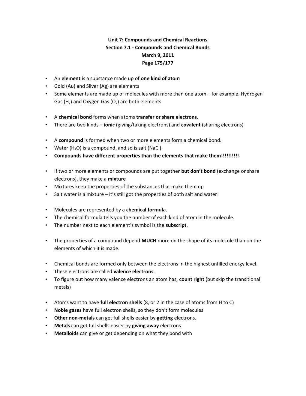 Unit 7: Compounds and Chemical Reactions