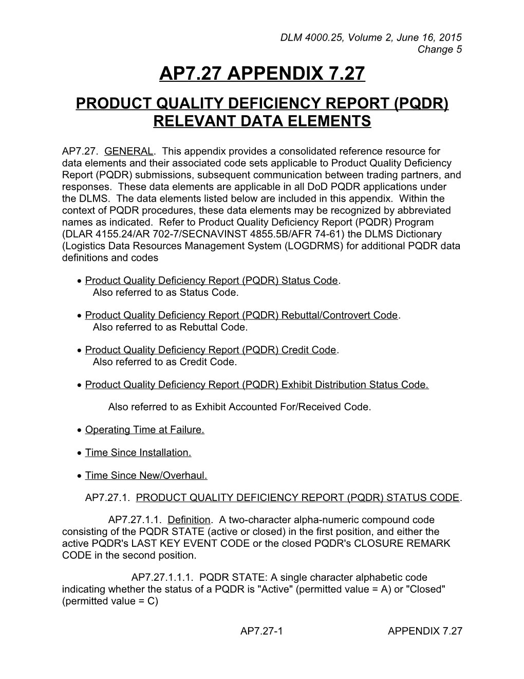 Appendix 7.27 - Product Quality Deficiency Report (PQDR) Relevant Data Elements