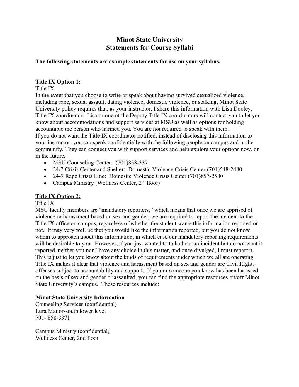 Statements for Course Syllabi
