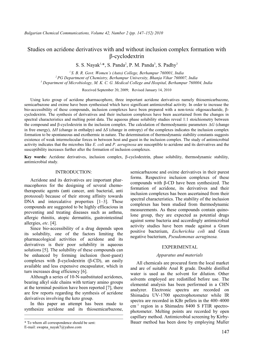 Studies on Acridone Derivatives with and Without Inclusion Complex Formation