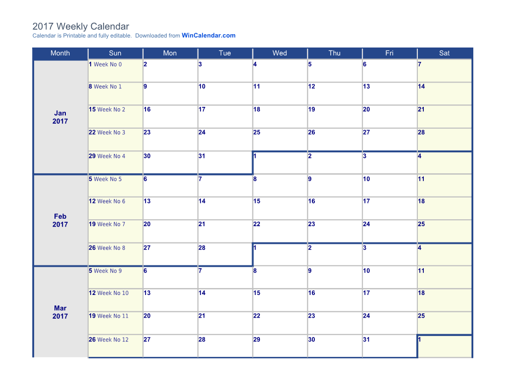 2017 Calendar - Continuous by Week