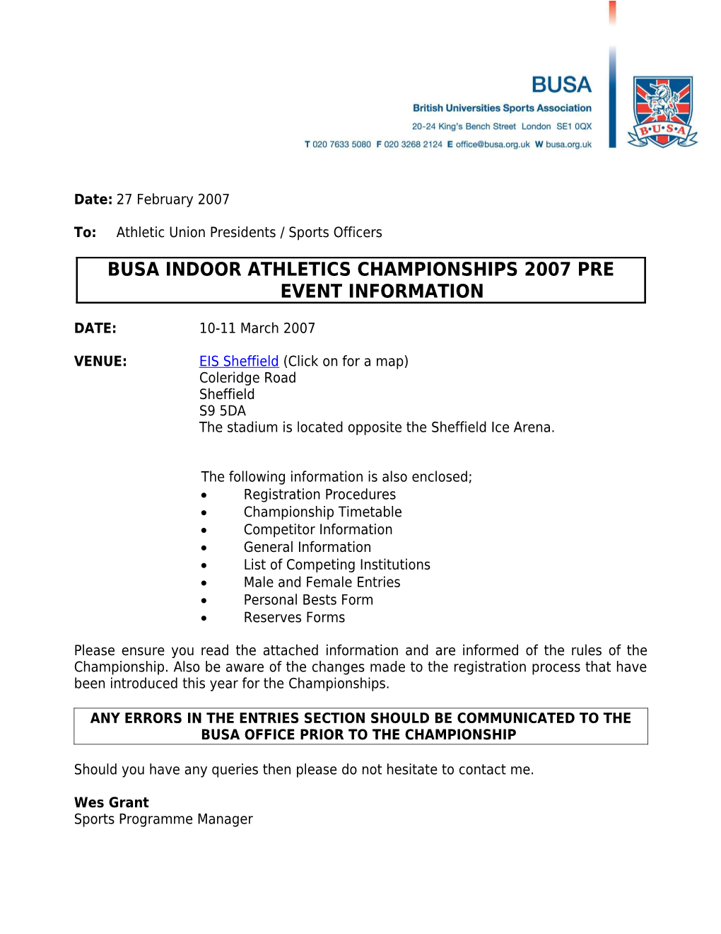 Busa Indoor Athletics Championships 2007 Pre Event Information