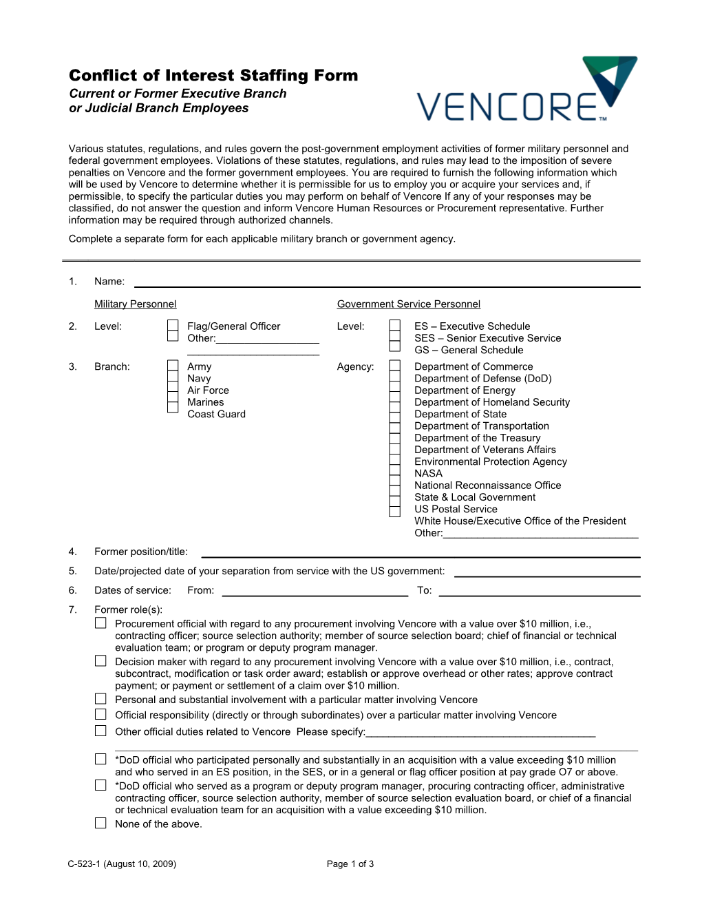 C-523-1, Conflict of Interests Staffing Form - Current Or Former Executive Branch Or Judicial