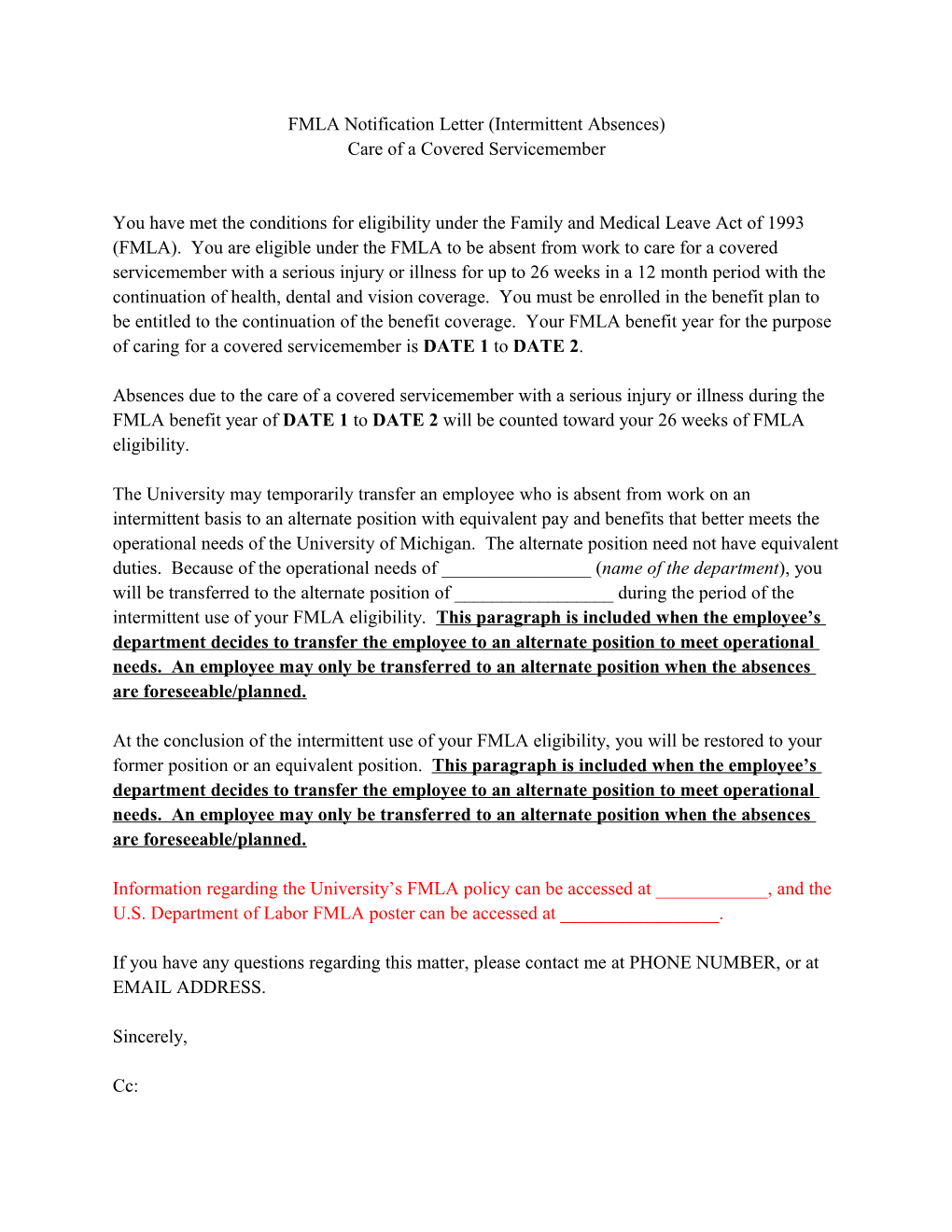 FMLA Notification Letter (Intermittent Absences)