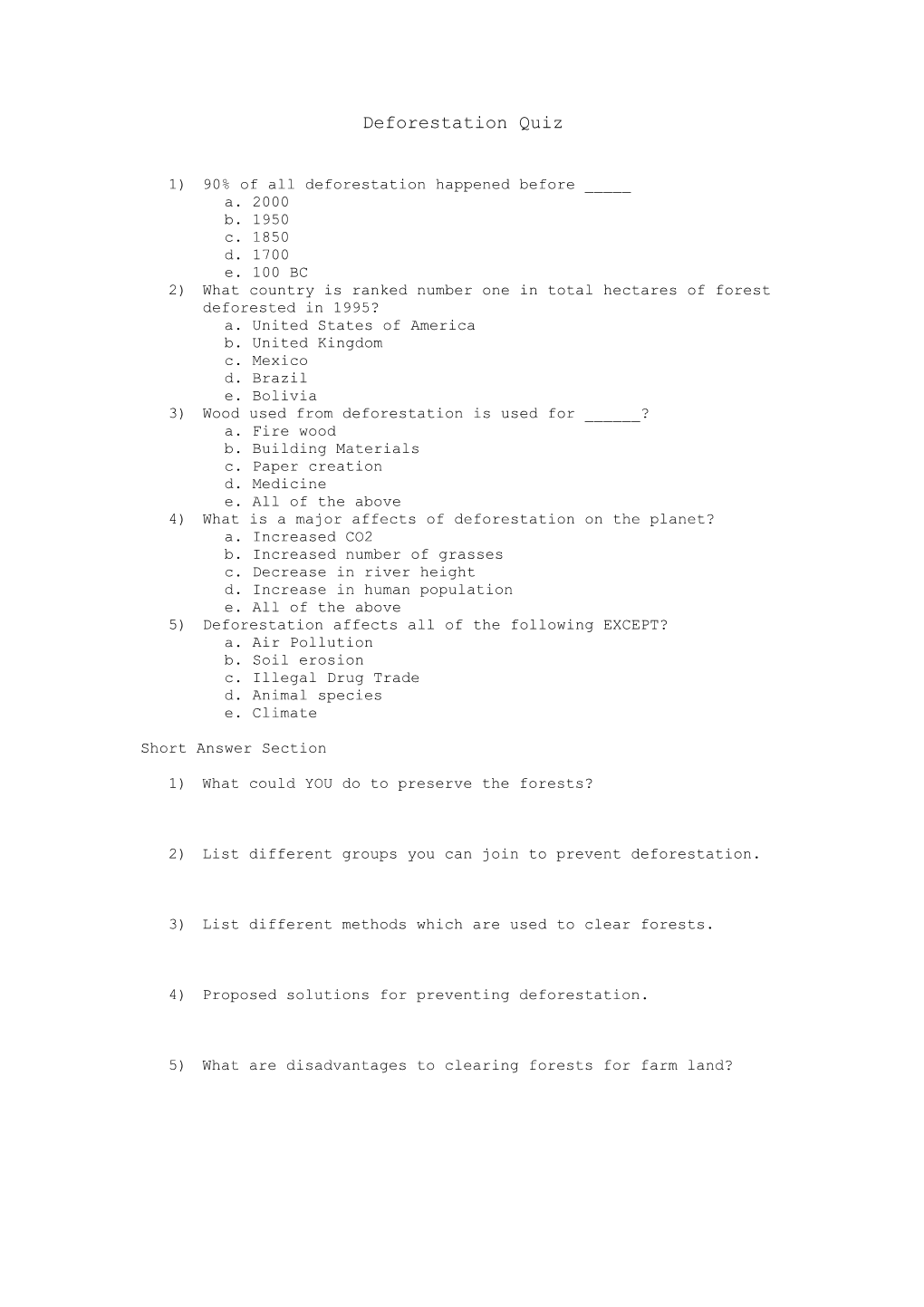 Deforestation Fact Questions