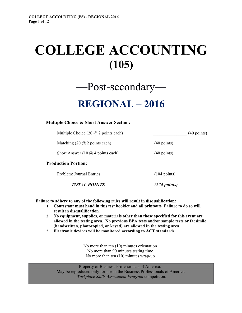 College Accounting (Ps) - Regional 2016