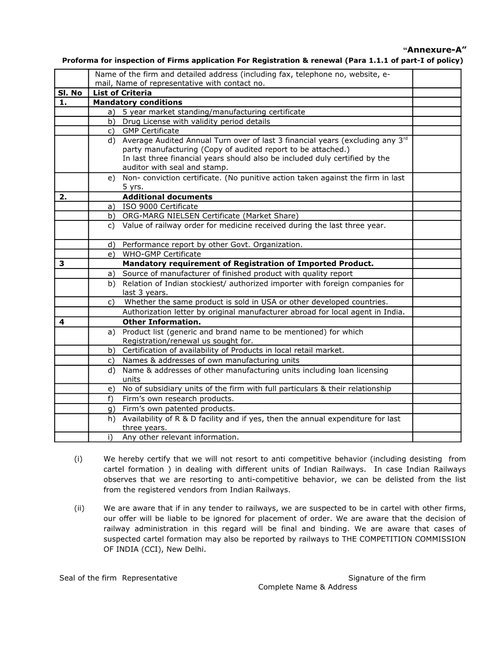 Proforma for Inspection of Firms Application for Registration & Renewal (Para 1.1.1 Of