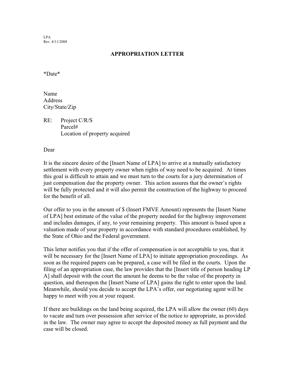 LPA Appropriation Letter