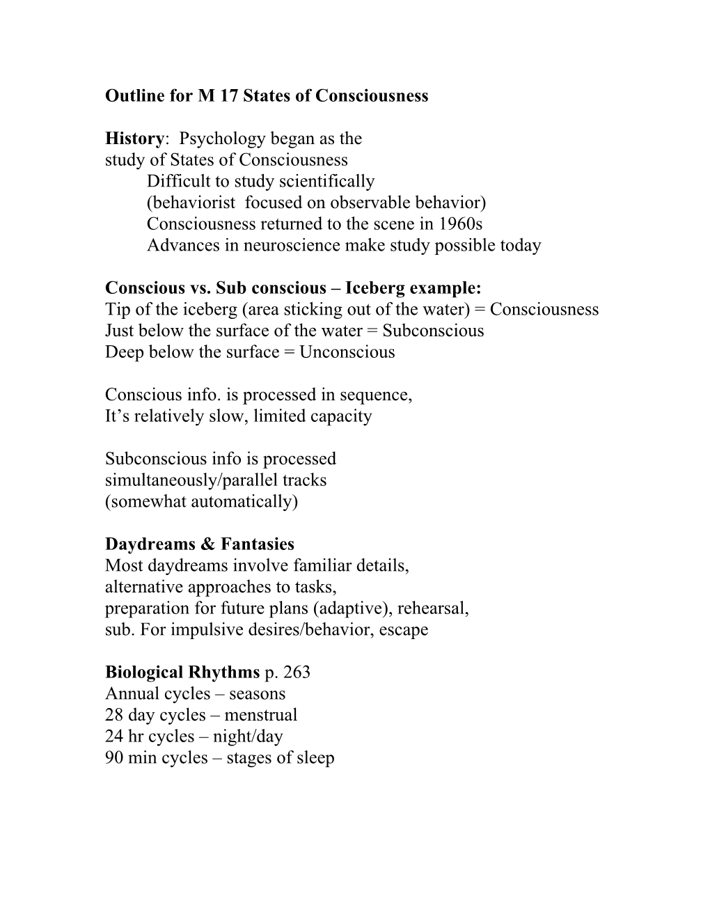 Outline for M 17-19 States of Consciousness