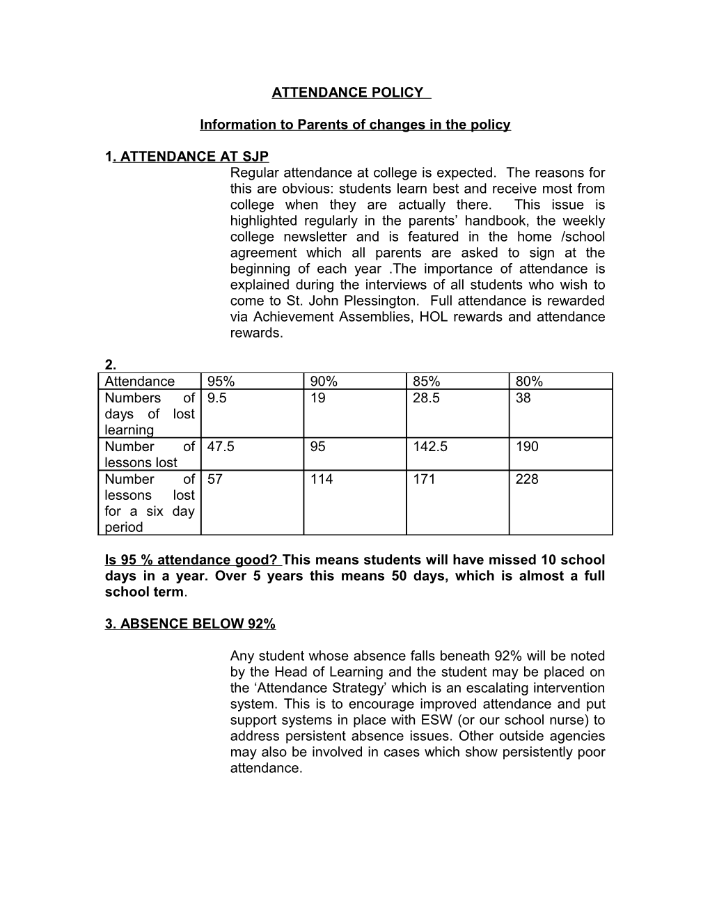 Information to Parents of Changes in the Policy