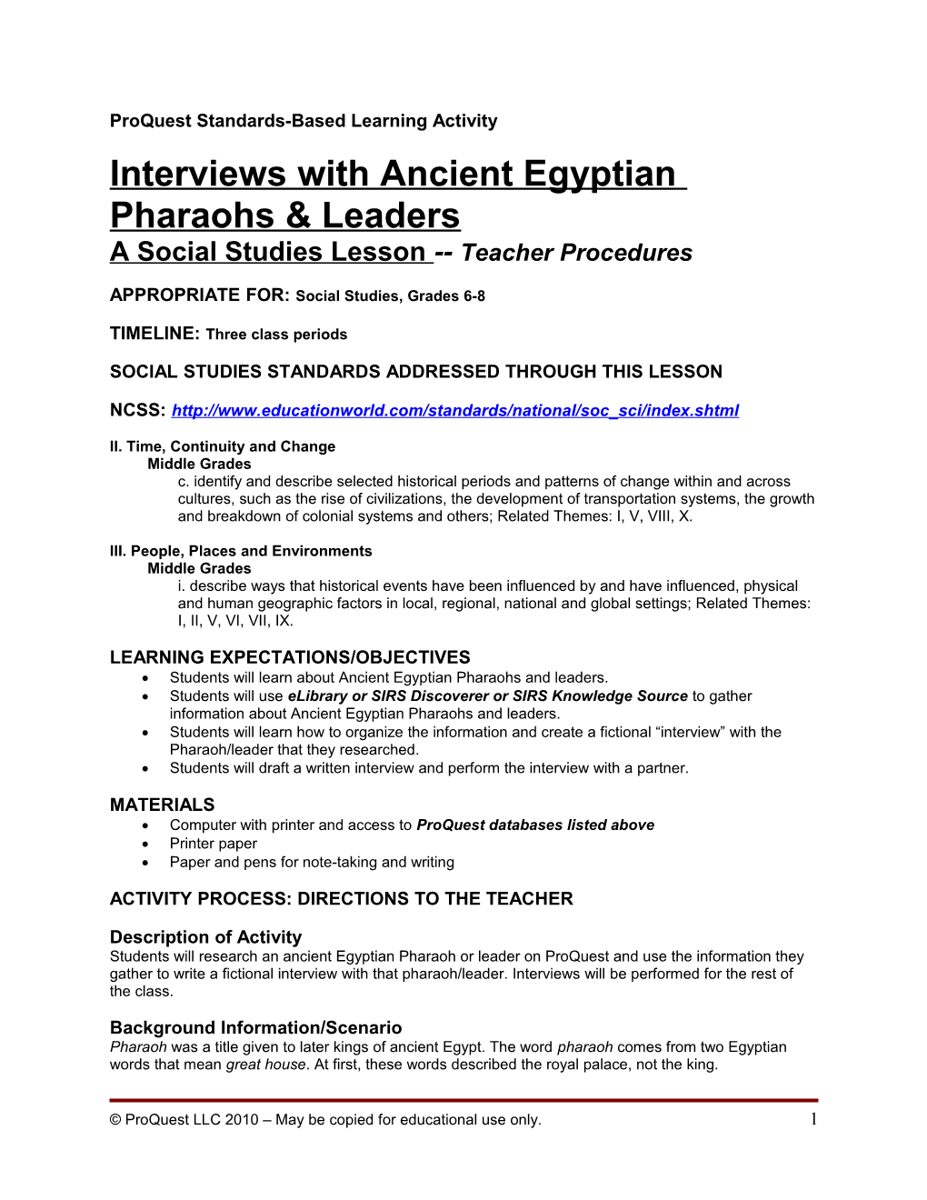 Lesson Plan: Social Studies 6-8 Pharaoh Egypt Interview