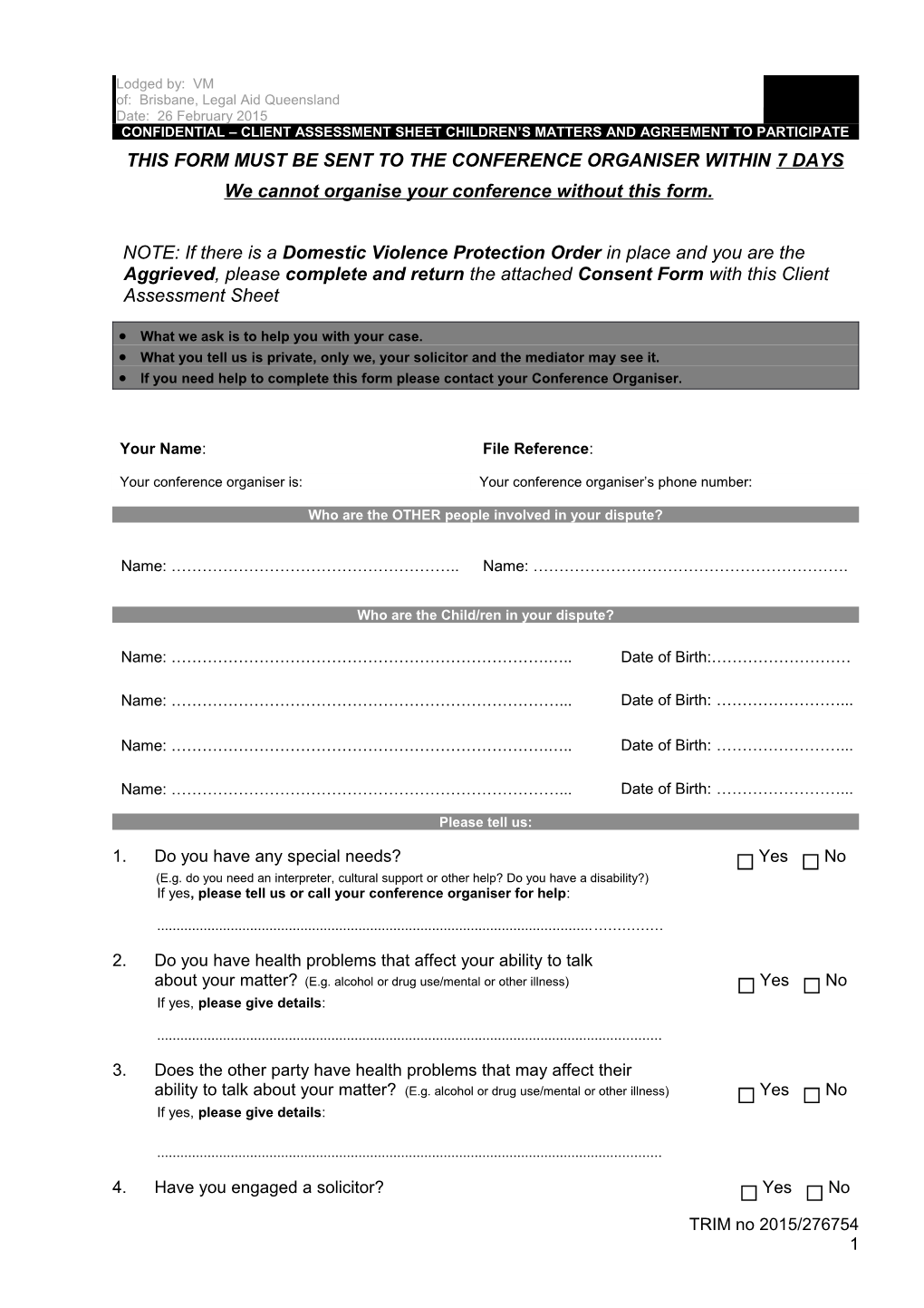 Confidential Client Assessment Sheet Children S Matters and Agreement to Participate