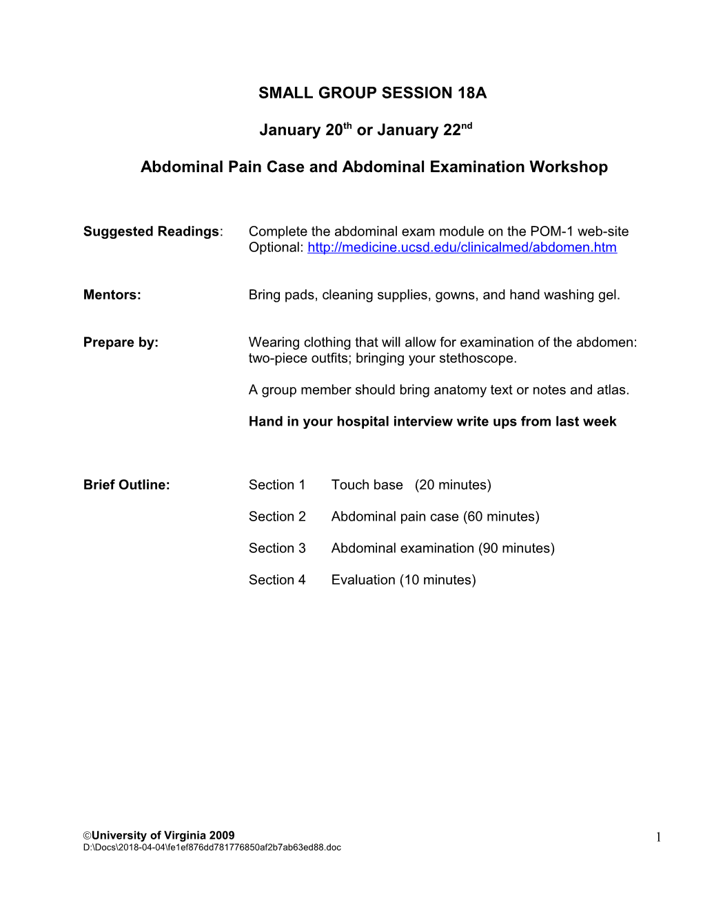 Abdominal Pain Case and Abdominal Examination Workshop