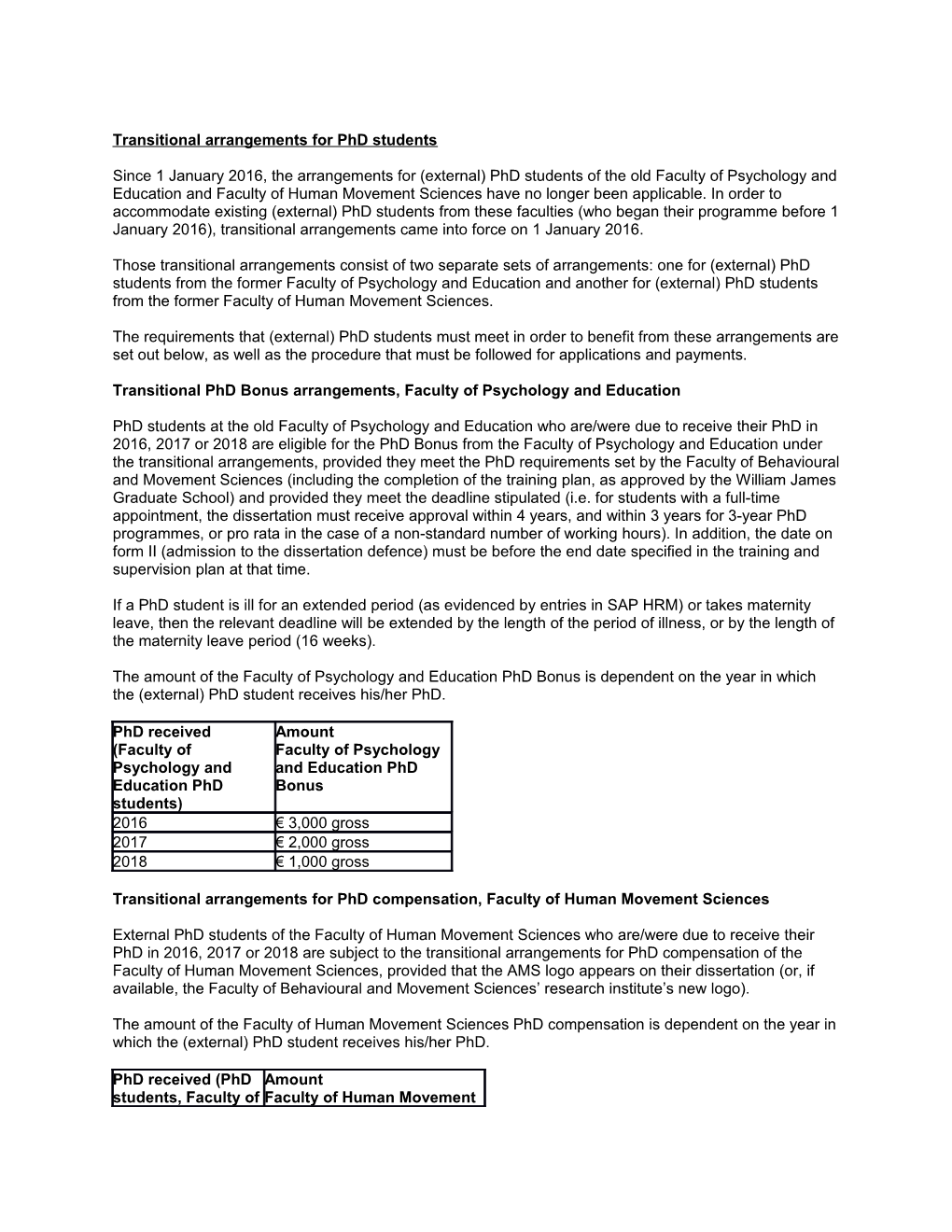 Transitional Arrangements for Phd Students