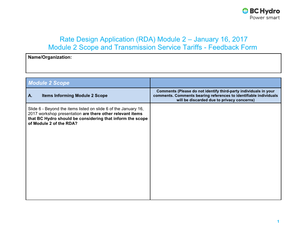 Rate Design Application (RDA) Module 2 January 16, 2017 Module 2 Scope and Transmission