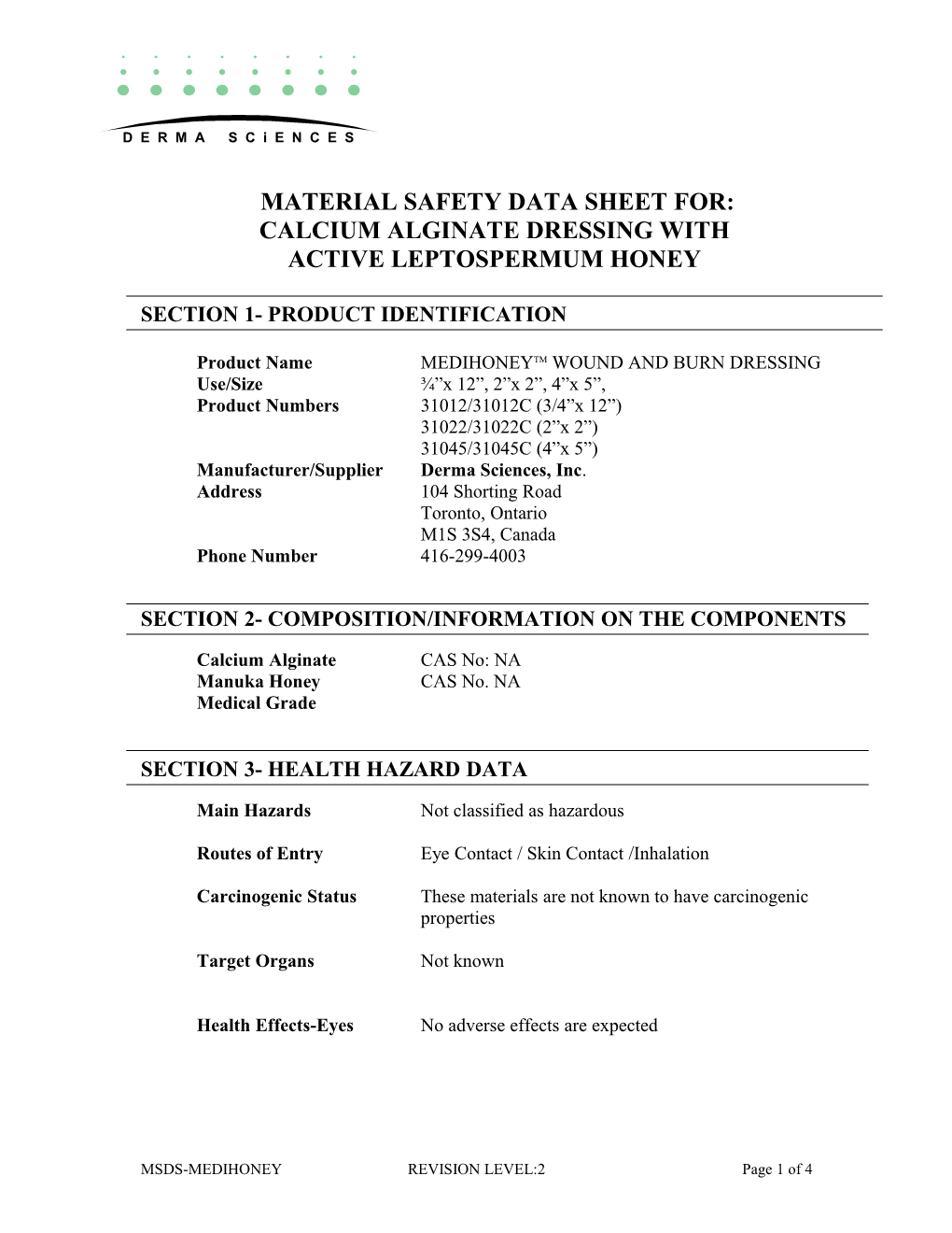 Material Safety Data Sheet For: Calcium Alginate Dressing With