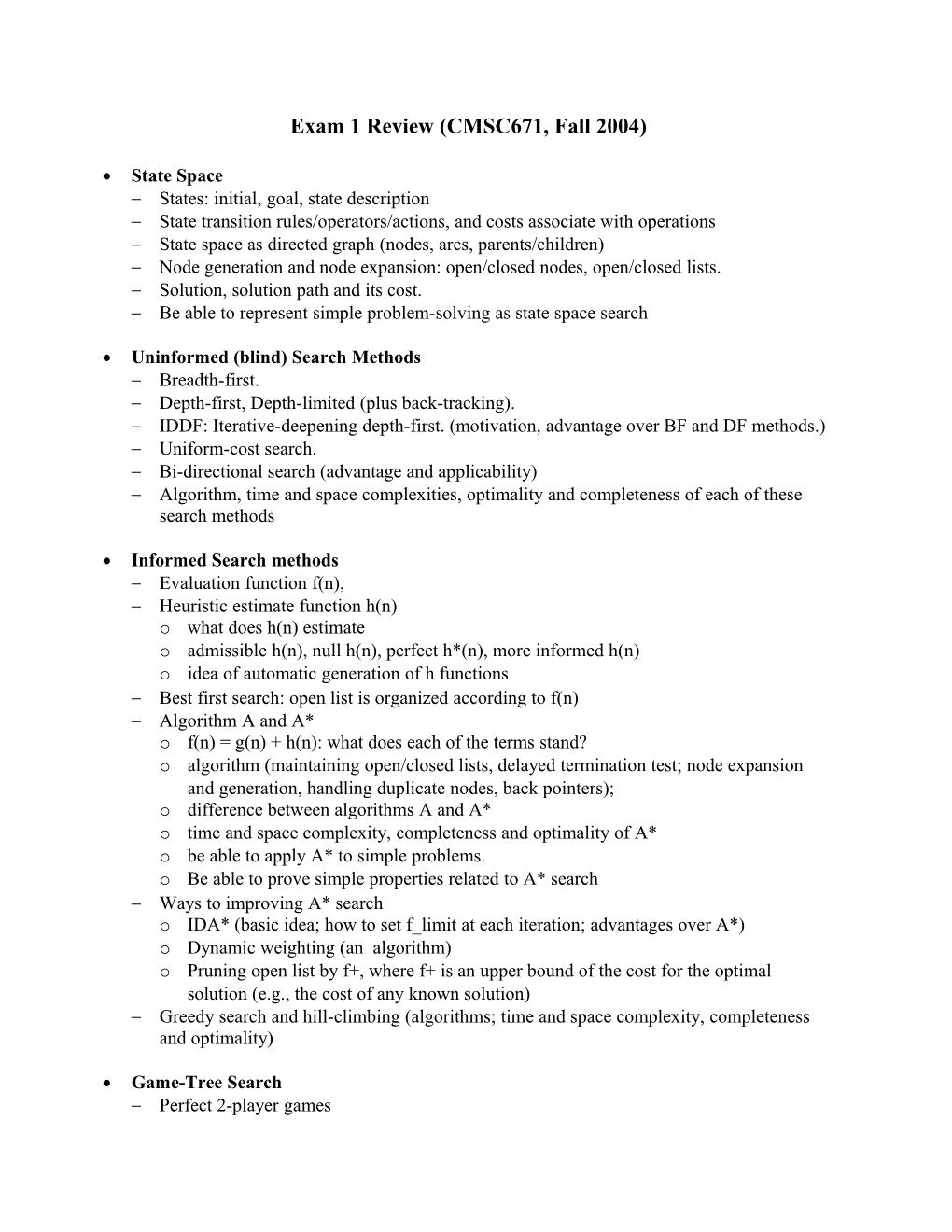 Midterm Review (CMSC 471/671, Fall 2000)