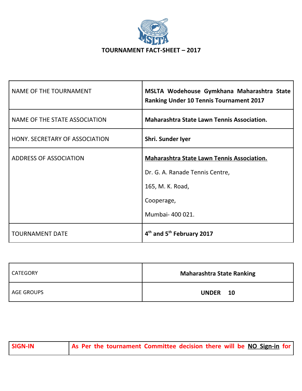 Tournament Fact - Sheet s1