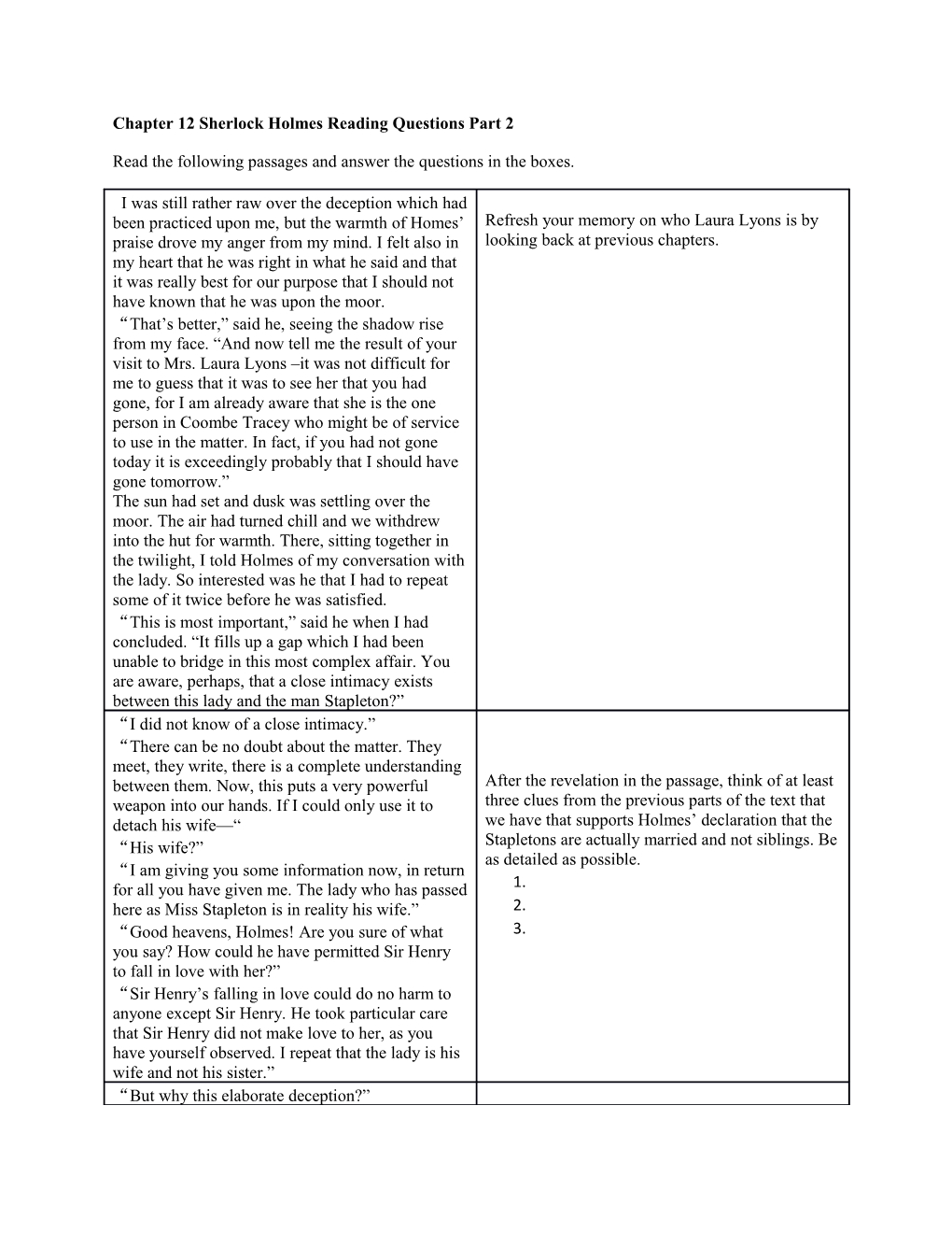 Chapter 12 Sherlock Holmes Reading Questions Part 2