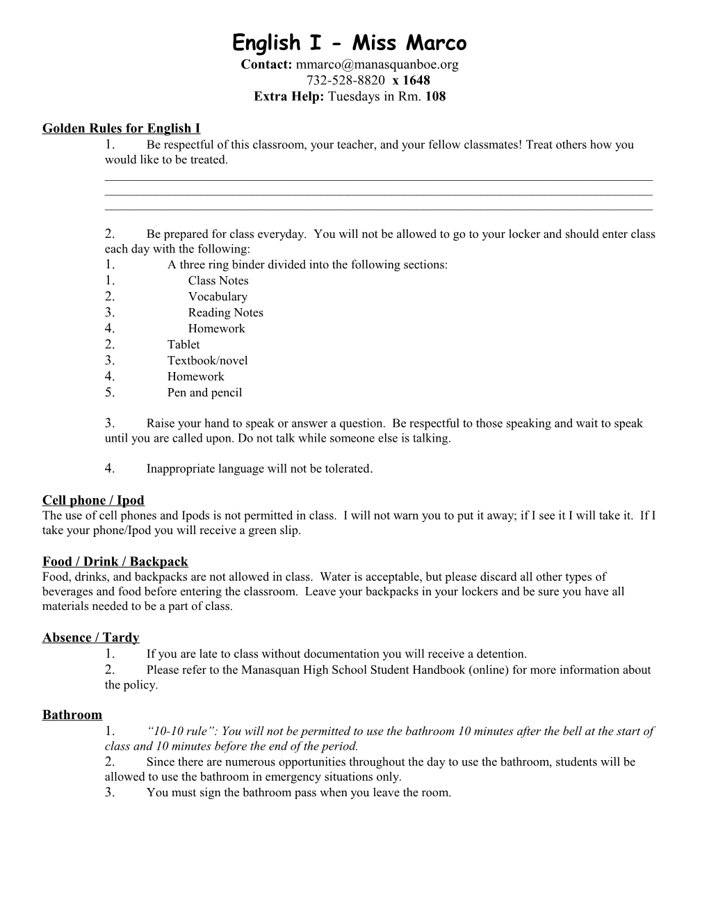 Golden Rules for English I