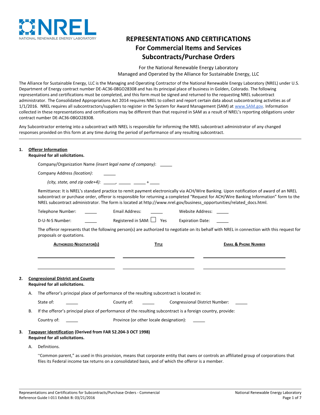 Representations And Certifications For Subcontracts/Purchase Orders