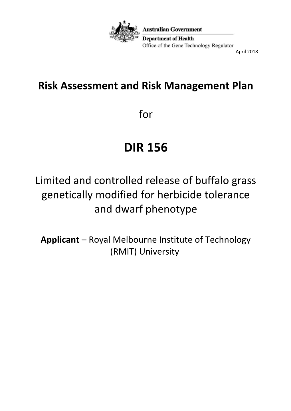 DIR 156 Risk Assessment and Risk Management Plan