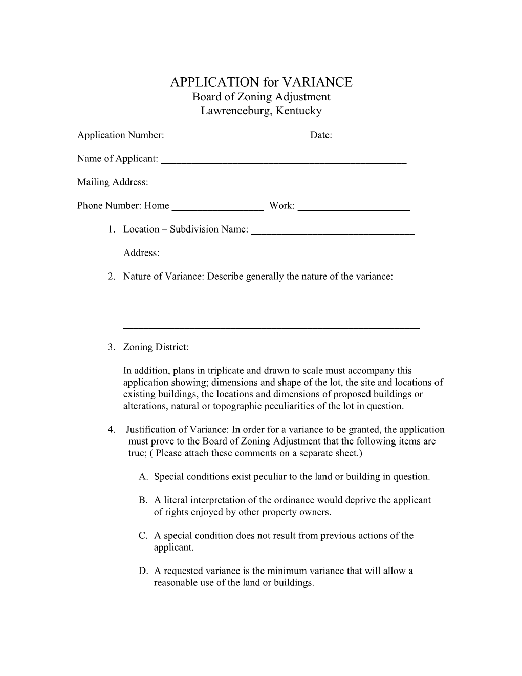 APPLICATION for VARIANCE