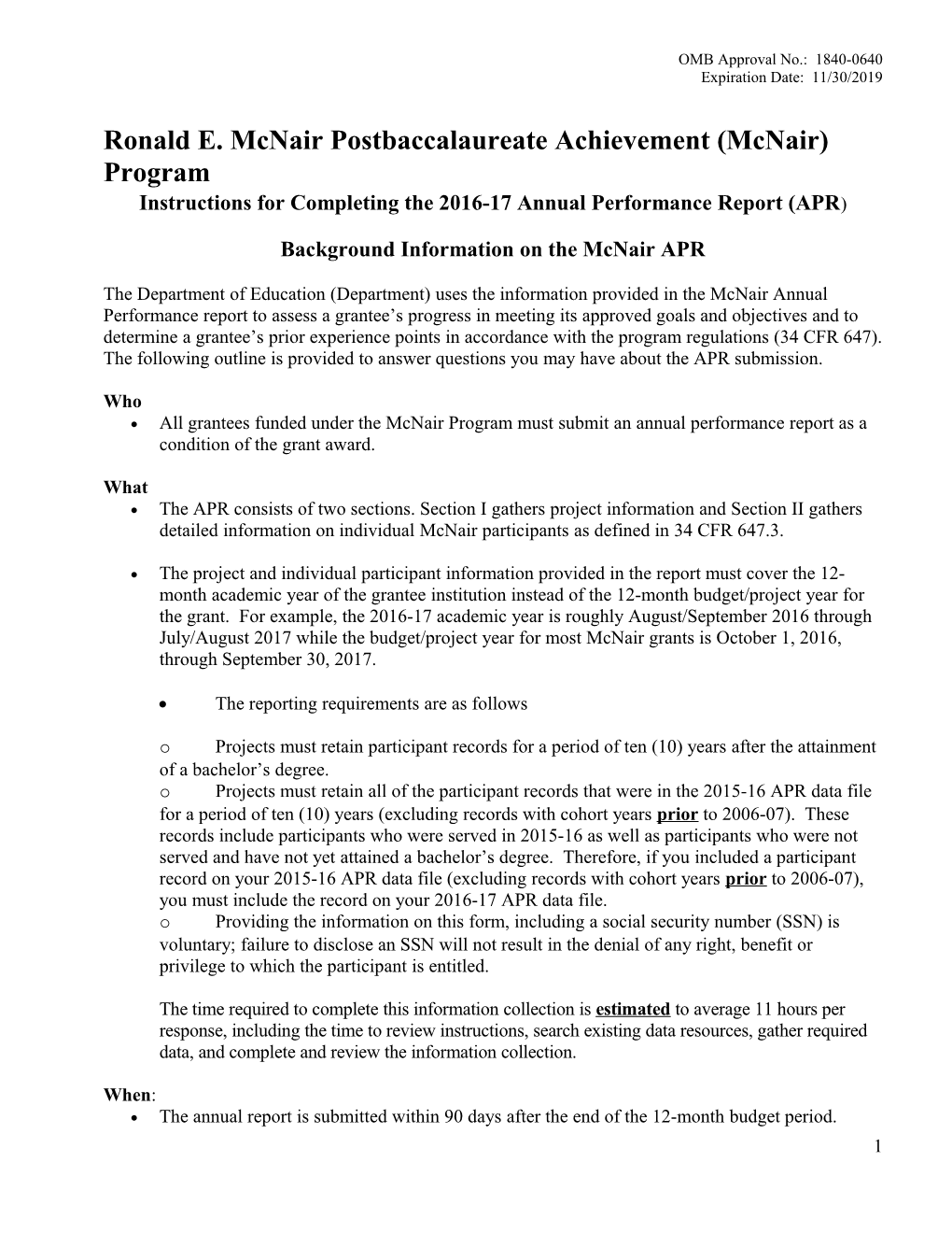 2014-2015 Annual Performance Report Instructions for the Ronald Mcnair Program (MS Word)