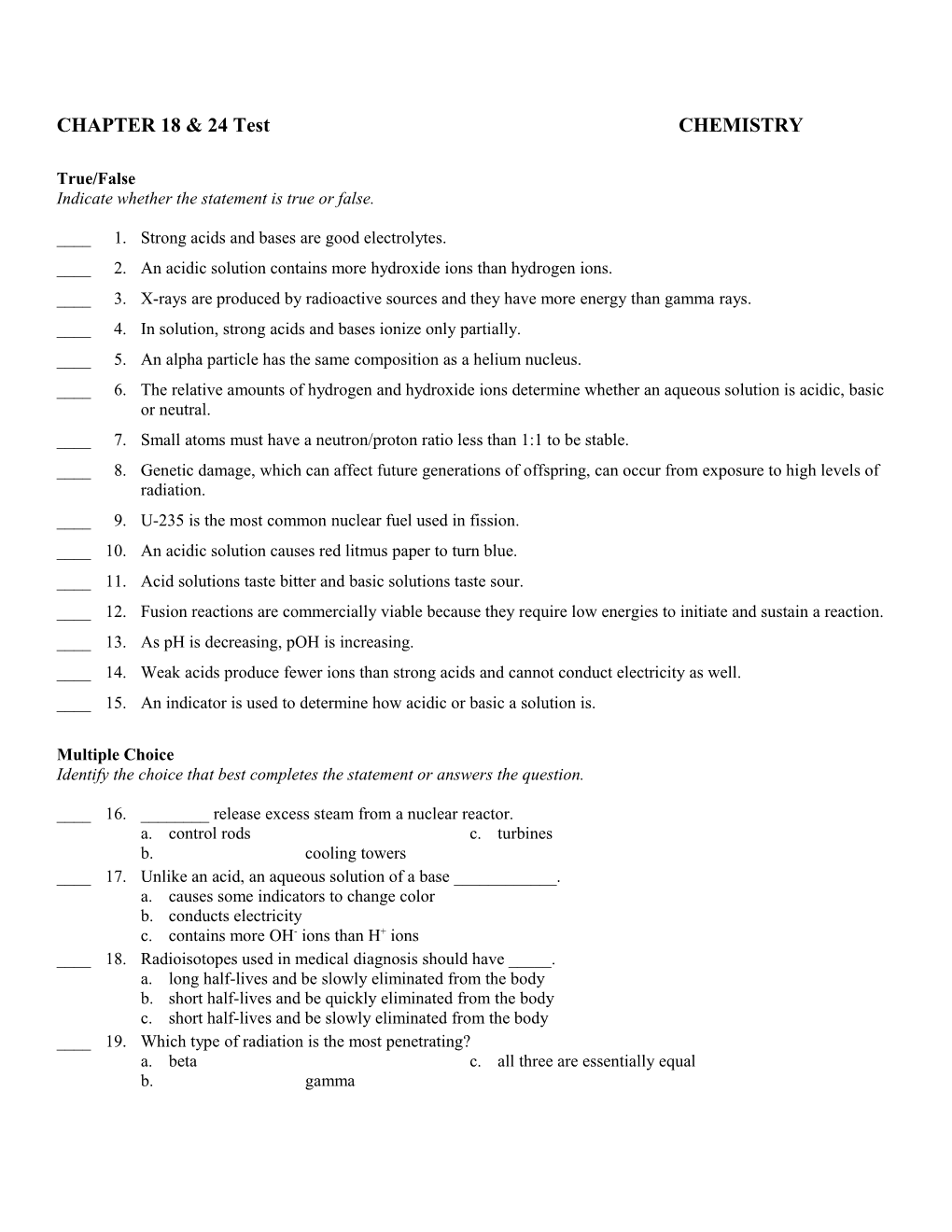 CHAPTER 18 & 24 Test CHEMISTRY