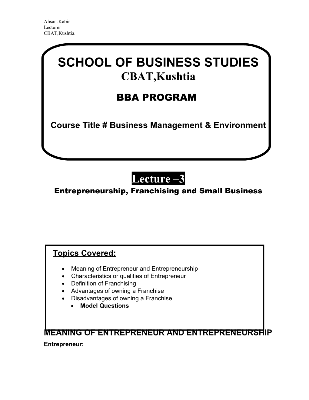 Course Title # Business Management & Environment