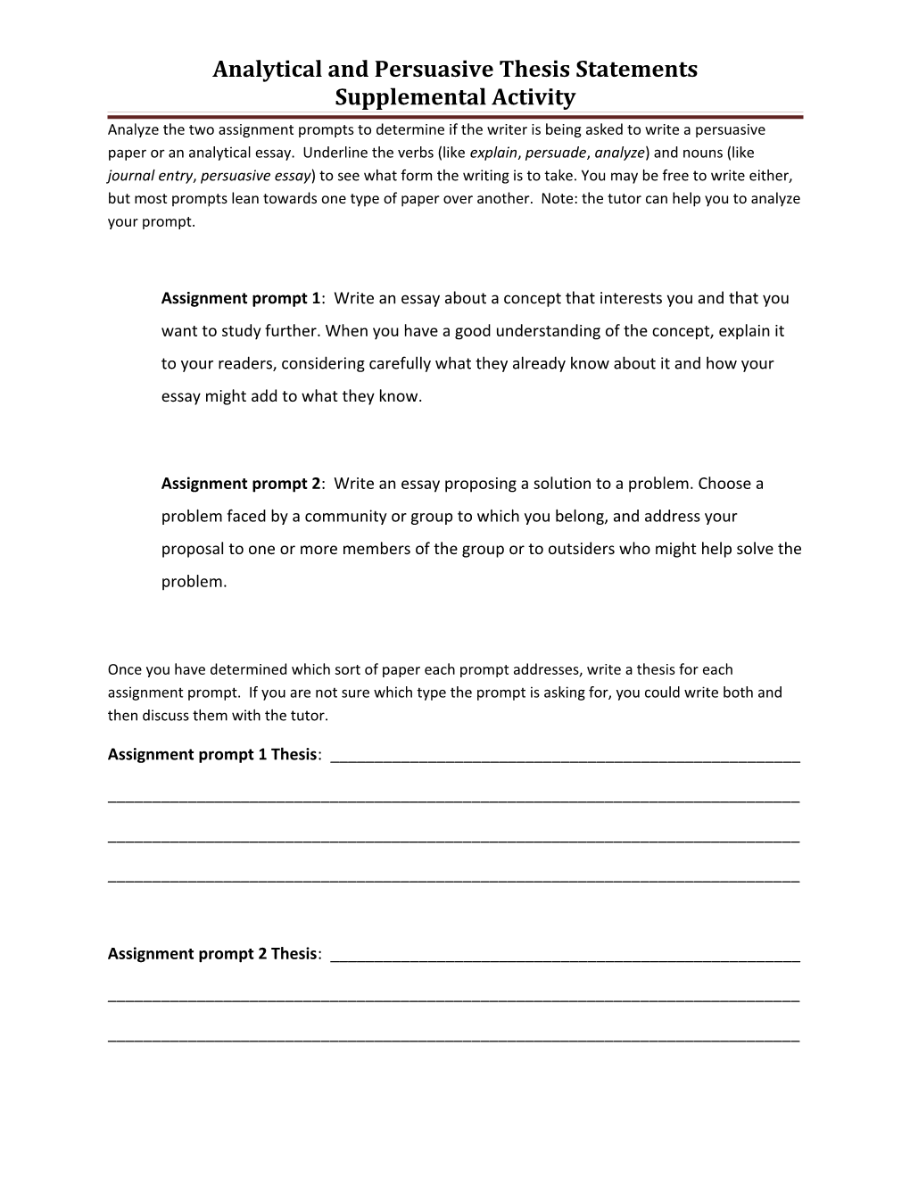 Analytical and Persuasive Thesis Statements Supplemental Activity