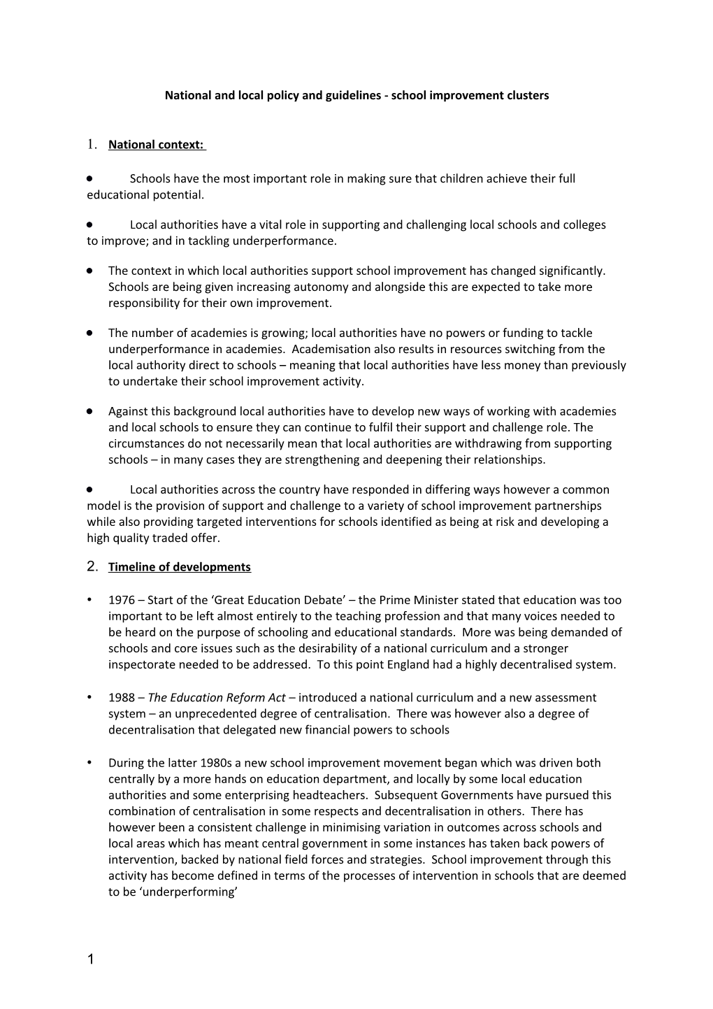 National and Local Policy and Guidelines - School Improvement Clusters