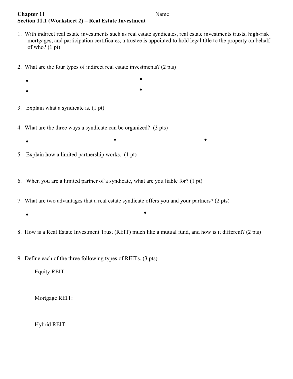 Section 11.1 (Worksheet 2) Real Estate Investment