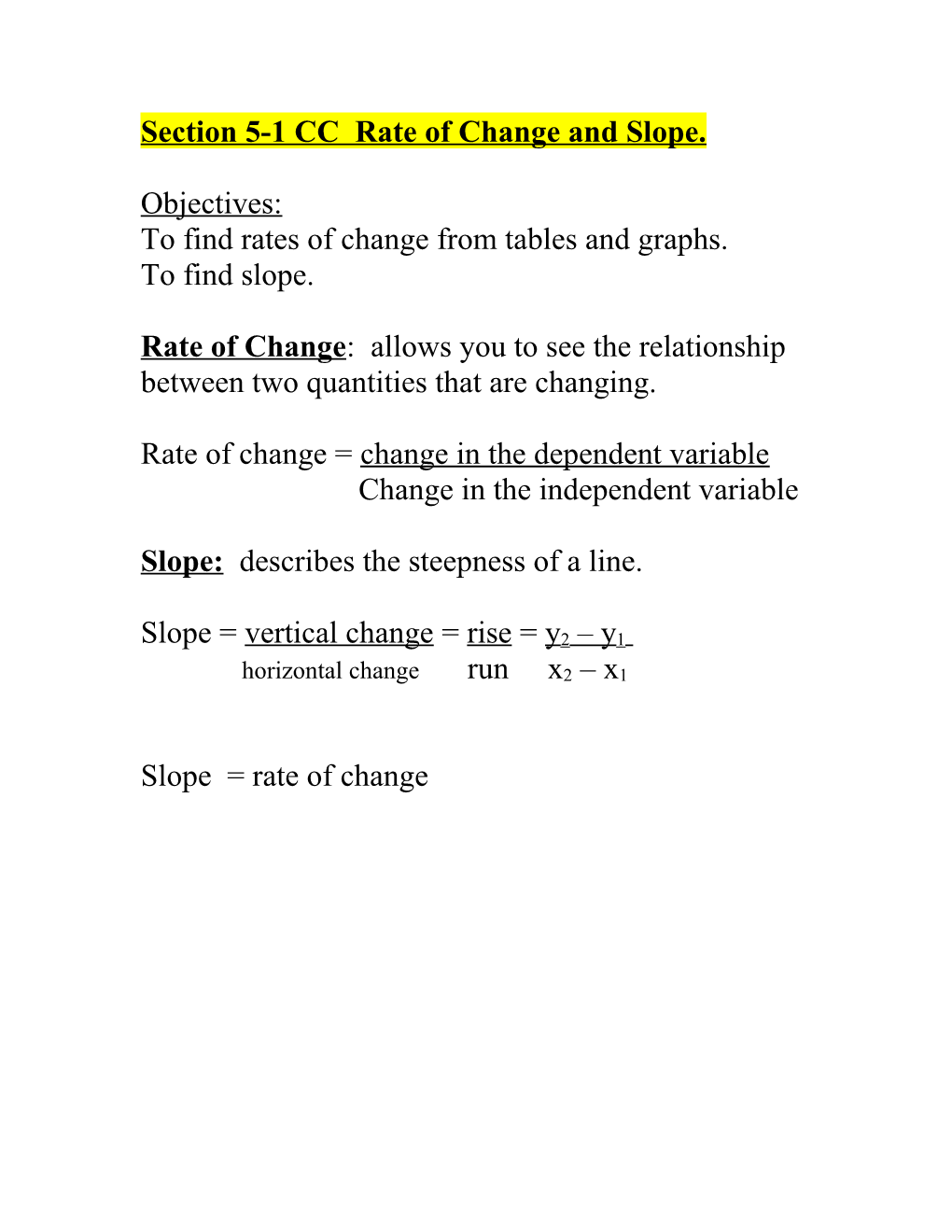 Section 6-1 Rate Of Change And Slope