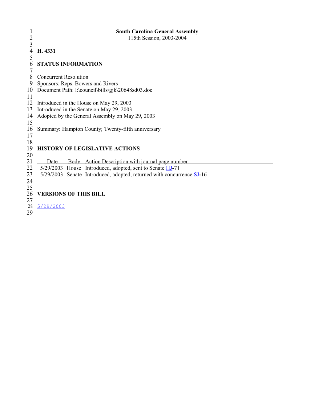 2003-2004 Bill 4331: Hampton County; Twenty-Fifth Anniversary - South Carolina Legislature