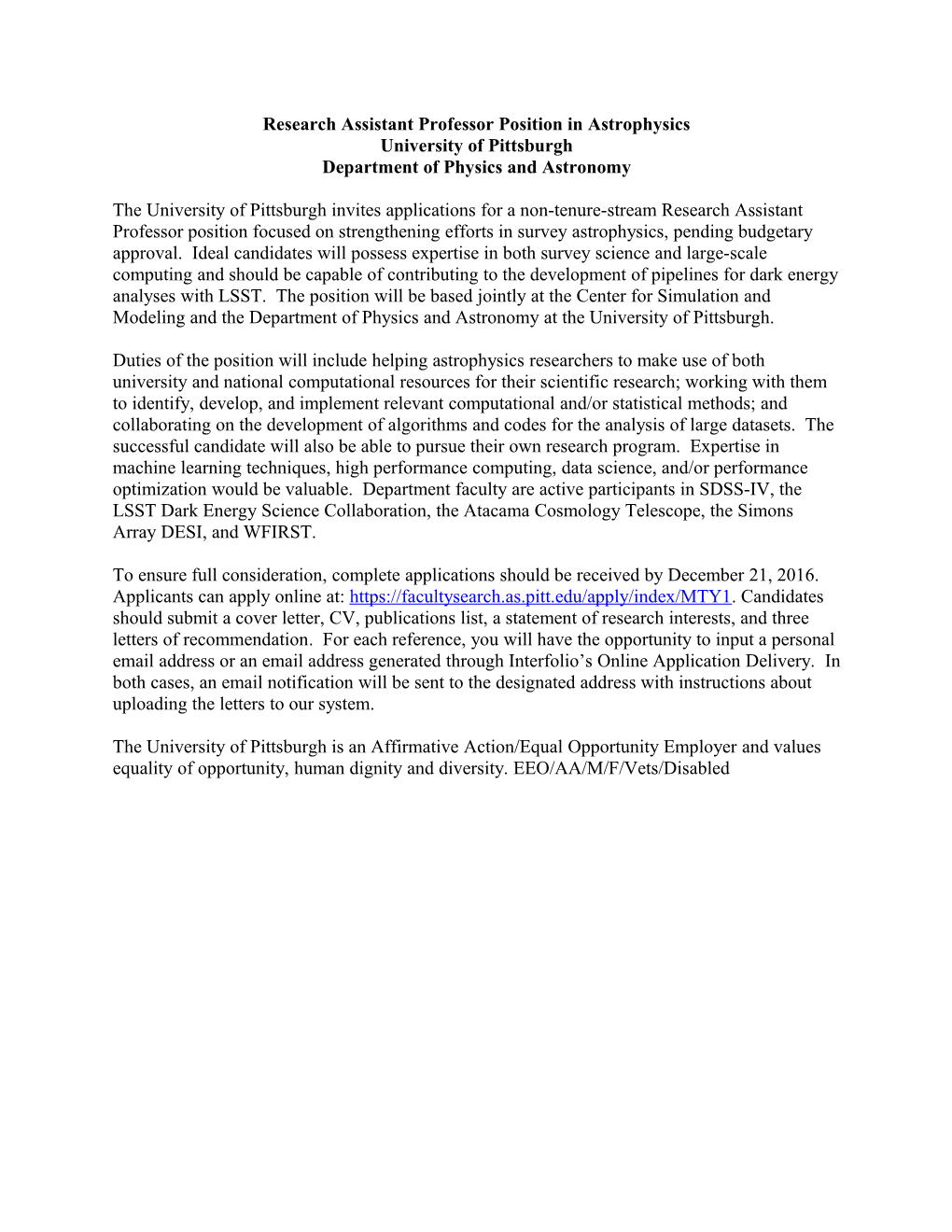 Research Assistant Professor Position in Astrophysics