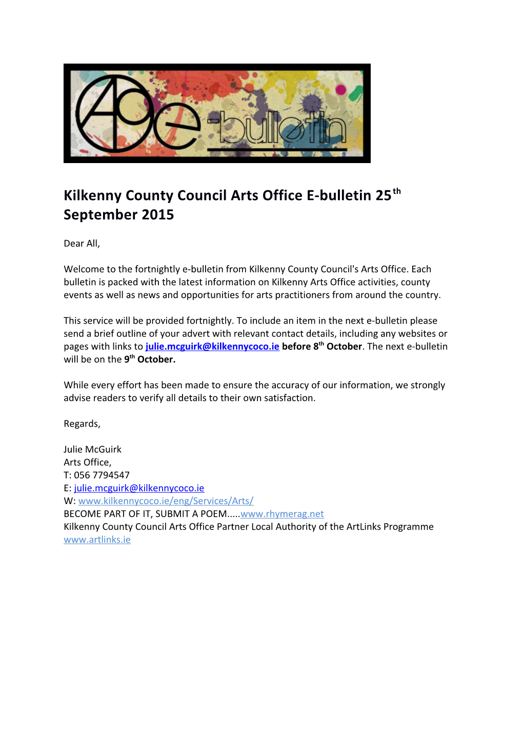 Kilkenny County Council Arts Office E-Bulletin 25Th September 2015